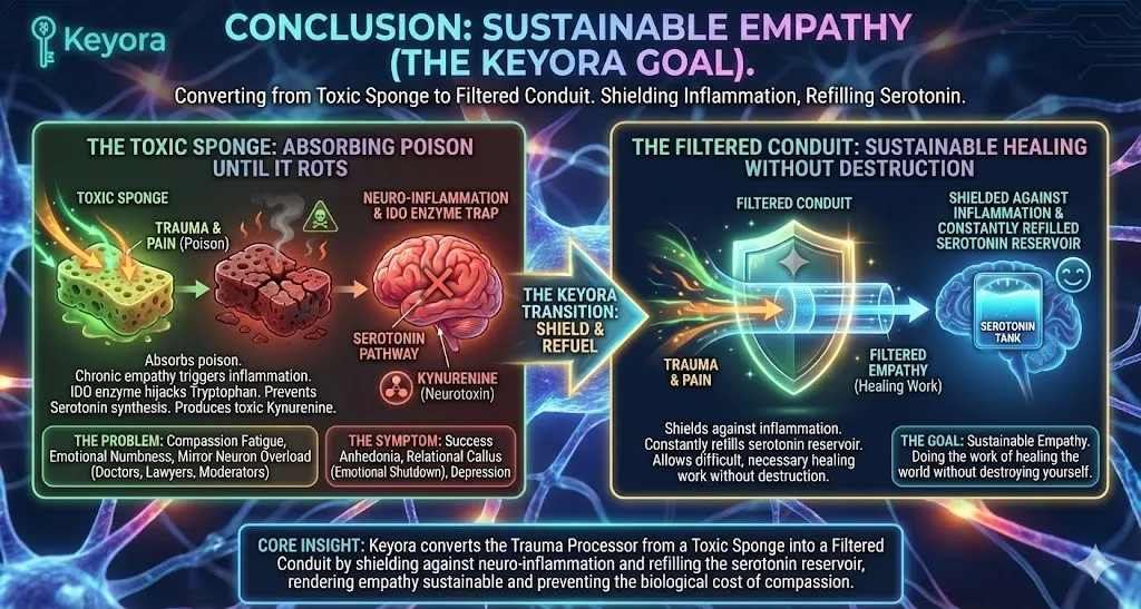 Keyora Goal: Achieving Sustainable Empathy by converting the Trauma Processor from a Toxic Sponge into a Filtered Conduit. The diagram details the shift from absorbing poison (Trauma, Pain, Fcs(csn)) and triggering Neuro-Inflammation / IDO Detyne Trap to a shielded, reserved state. The core insight involves shielding inflammation and refilling the setetortin reservoir, managing the Serotonin Pathway versus the Kynurenine Pathway (Obsession/Suppression). This system facilitates healing and allows the retention of empathy without destruction. Key terms: Compassion Fatigue, Emotional Overload, Healing Work, Inflammation Shielding, Mental Wellness Protocol, Setetortin, Sustained Caregiving.