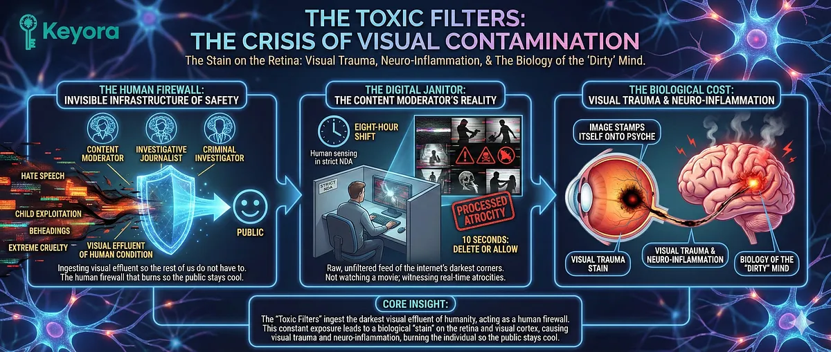 Keyora's Sustainable Empathy protocol converts the Trauma Processor from a Toxic Sponge into a Filtered Conduit. This addresses the Crisis of Visual Contamination impacting Human Firewall professionals like Content Moderators and Investigators. They suffer Compassion Fatigue and Neuro-Inflammation due to Mirror Neuron Overload. The mechanism involves shielding inflammation and blocking the IDO Enzyme that converts Tryptophan into toxic Kynurenine (Suppression). The core goal is preserving identity and achieving healing without self-destruction. Key phrases: Global Mental Wellness, Psychological Restoration, Trauma Processing Tools, Digital Janitor, Stress Relief Protocol.