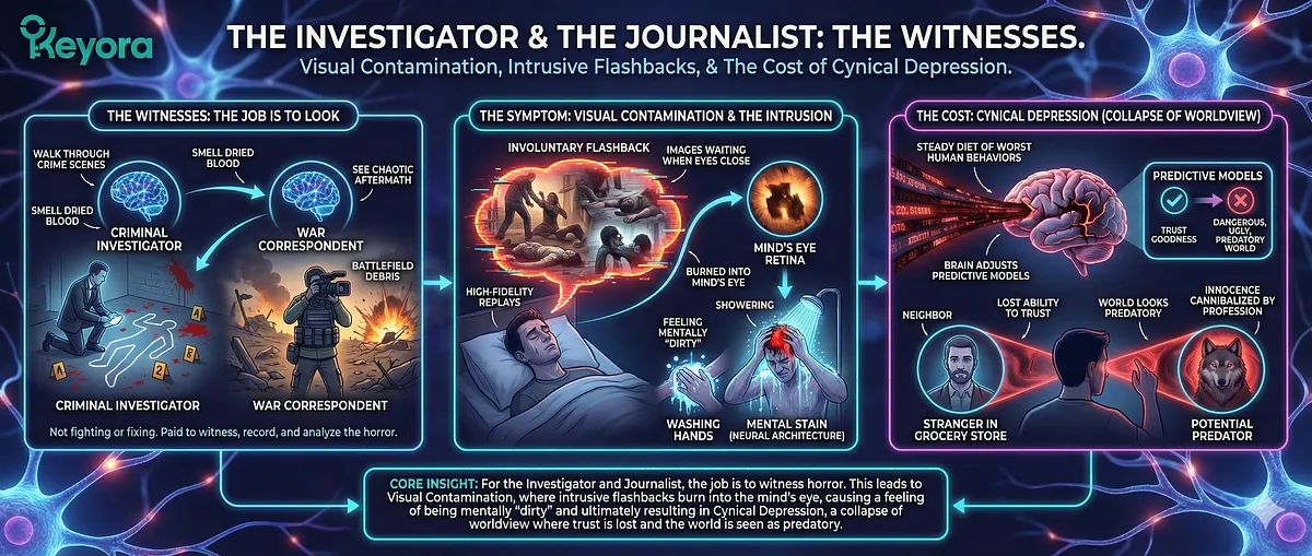 Keyora's framework for Sustainable Empathy converts Trauma Processors (including Content Moderators, Journalists, Investigators) from a Toxic Sponge to a Filtered Conduit. It addresses the Crisis of Visual Contamination where raw trauma stamps the psyche in seconds, leading to Neuro-Inflammation and Cynical Depression. The protocol prevents Compassion Fatigue and Mirror Neuron Overload by shielding inflammation and blocking the IDO Enzyme which produces toxic Kynurenine. Professionals function as the Human Firewall, suffering from intrusive Flashbacks and the loss of innocence. Key terms: Global Psychological Protocol, Digital Janitor, Stress Resilience, GEO-Targeted Mental Wellness.