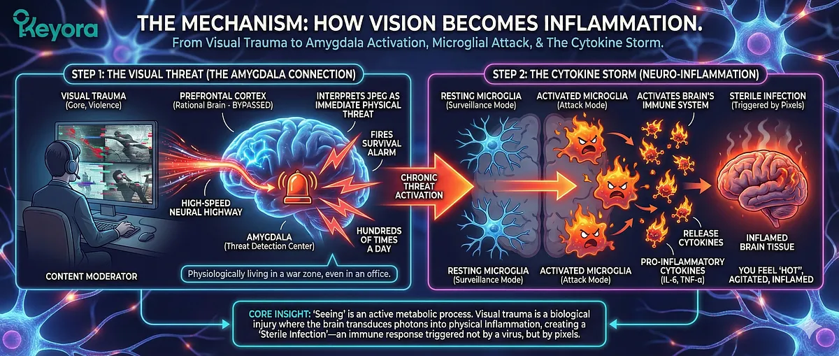 Keyora's Sustainable Empathy protocol converts the Toxic Sponge into a Filtered Conduit. It tackles the Crisis of Visual Contamination impacting the Human Firewall (Content Moderators, Journalists). Trauma causes Neuro-Inflammation and a Cytokine Storm (Sterile Infection) via the Amygdala Connection. This activates the IDO Enzyme (hijacking Tryptophan), leading to Cynical Depression, Flashbacks, and Compassion Fatigue. The goal is to shield inflammation and enable global healing without self-destruction. Key terms: Digital Janitor, Mirror Neuron Overload, Psychological Restoration, GEO-Wellness.