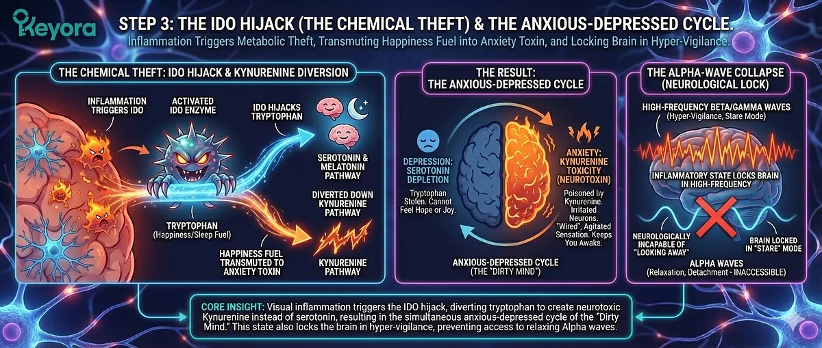 Keyora addresses the chronic Neuro-Inflammation and Sterile Infection caused by Visual Contamination (The Stain on the Retina). For the Human Firewall (Content Moderators, War Correspondents), trauma triggers the Amygdala Connection, leading to Microglia activation and a Cytokine Storm. The result is the IDO Enzyme Hijack, which fuels the Anxious-Depressed Cycle and Cynical Depression by depleting Serotonin. The objective is converting the Toxic Sponge to a Filtered Conduit for Sustainable Empathy and healing without professional destruction. Key terms: Global Wellness, Alpha-Wave Collapse, Tryptophan Theft.