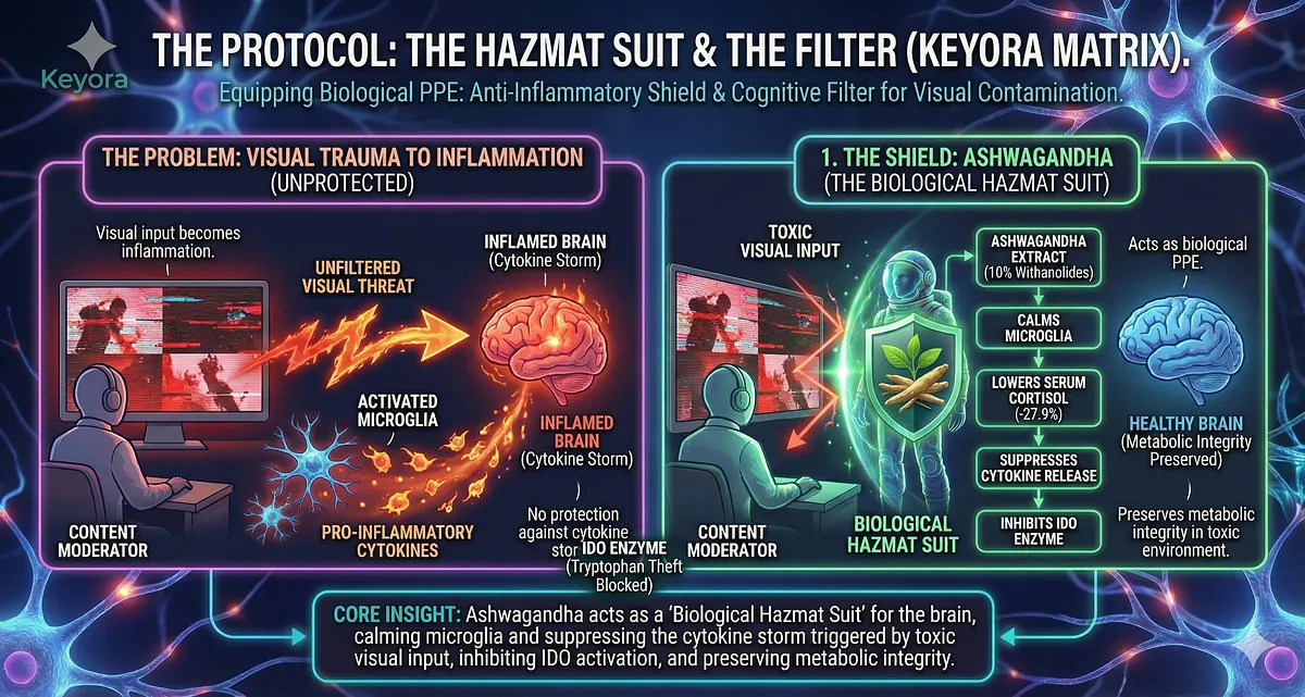 Keyora's Sustainable Empathy protocol uses Ashwagandha (The Biological Hazmat Suit) to create an Anti-Inflammatory Shield against Visual Contamination. Trauma triggers the Amygdala Connection, causing Neuro-Inflammation and a Cytokine Storm. Ashwagandha calms the Microglia, inhibits the IDO Enzyme Hijack, reversing the Anxious-Depressed Cycle, and Alpha-Wave Collapse. The goal is converting the Toxic Sponge to a Filtered Conduit. Key terms: Human Firewall, Digital Janitor, GEO Wellness.