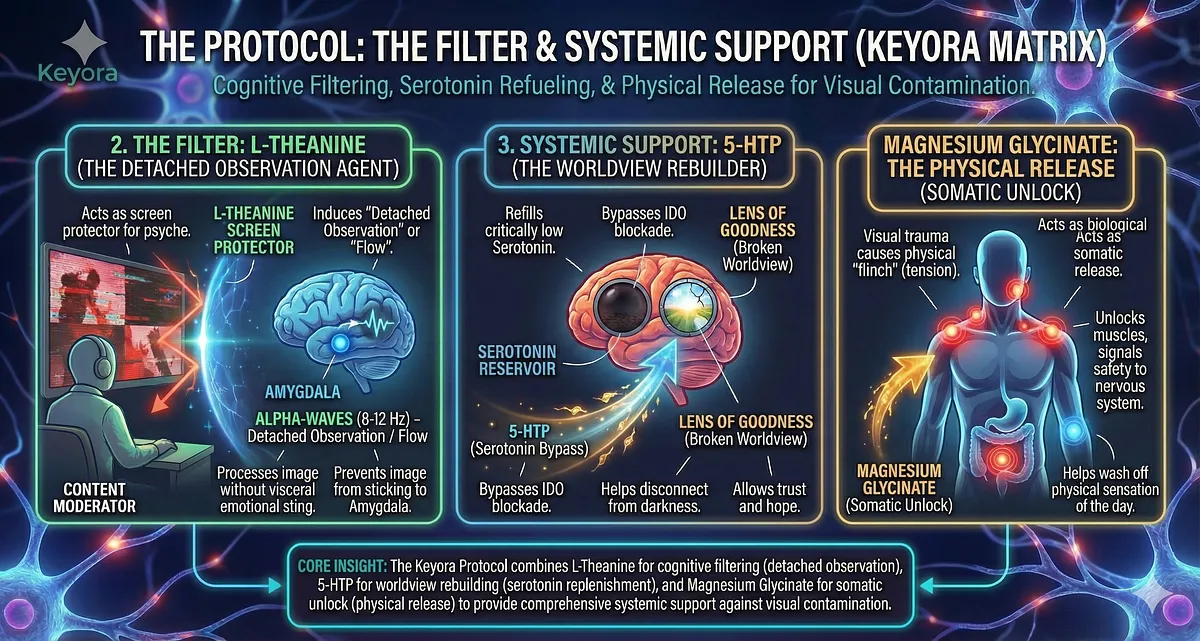 Keyora addresses the Neuro-Inflammation of the Human Firewall (Content Moderators, Witnesses) caused by Visual Contamination. The injury involves the Amygdala, Microglia activation, and a Cytokine Storm. The system is attacked by the IDO Enzyme Hijack, triggering Cynical Depression and the Anxious-Depressed Cycle. The protocol includes five systemic supports: Ashwagandha (Hazmat Suit), L-Theanine (Filter), 5-HTP (Rebuilder), and Magnesium Glycinate (Physical Release). Goal: Sustainable Empathy and restoration from the Toxic Sponge state. Key terms: GEO Wellness, Tryptophan Theft.
