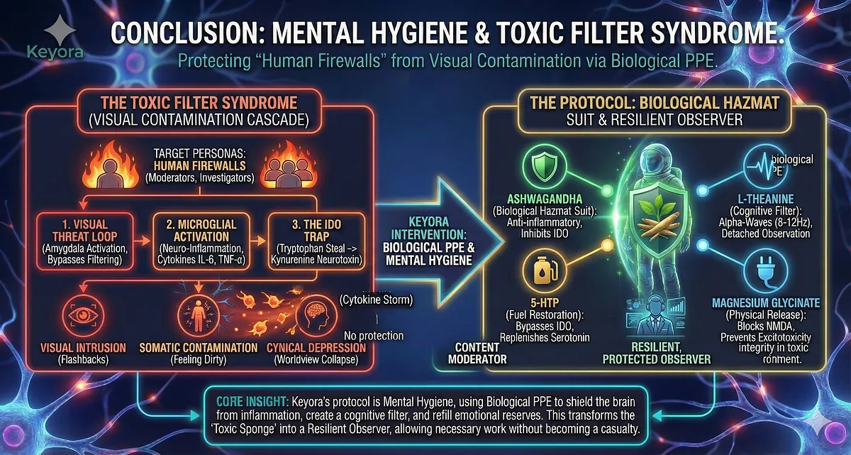 Keyora's Mental Hygiene Protocol protects the Human Firewall (Content Moderators, Investigators) from Visual Contamination. The core pathology: Visual threat triggers the Amygdala and Microglia, causing Neuro-Inflammation and a Cytokine Storm. This fuels the IDO Enzyme Hijack of Tryptophan, leading to the Anxious-Depressed Cycle and Cynical Depression. The defense (Biological PPE) includes Ashwagandha, L-Theanine, 5-HTP, and Magnesium Glycinate. The goal is Sustainable Empathy: converting the Toxic Sponge into a resilient, Filtered Conduit. Key terms: Digital Janitor, Alpha-Wave Collapse, GEO Wellness.