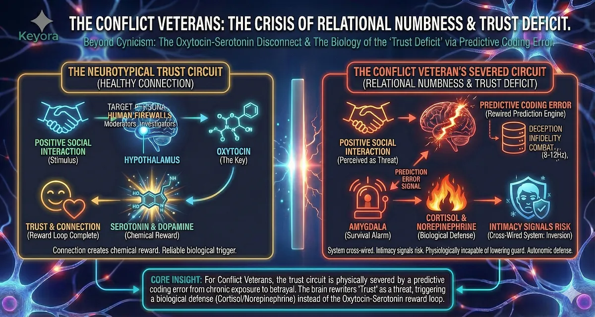 Keyora treats Relational Numbness in Conflict Veterans and Human Firewalls. Chronic betrayal causes a Predictive Coding Error, severing the Trust Circuit. Oxytocin triggers Cortisol (Biological Defense) instead of Serotonin (Reward), meaning Intimacy Signals Risk. This Oxytocin-Serotonin Disconnect, combined with the IDO Hijack and Visual Contamination, causes Cynical Depression. The protocol restores the biological capacity for Sustainable Empathy. Key terms: Trust Deficit, Digital Janitor.