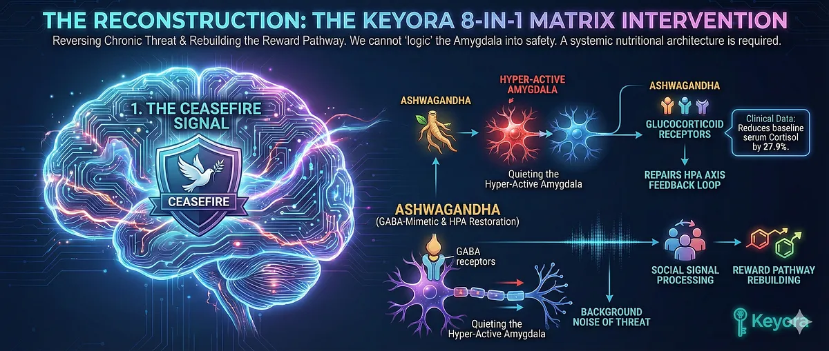 Keyora Protocol treats Social Anhedonia and Trust Deficit in Conflict Veterans (Family Law Attorneys, Mediators). Mechanism: Predictive Coding Error disrupts Oxytocin-Serotonin pathways, causing HPA Axis Hyper-Vigilance and Reward-Blindness. Solution: Ashwagandha and 5-HTP reverse Neuro-Inflammation and the IDO Hijack. Keywords: Compassion Fatigue, Mental Hygiene, Digital Janitor, Visual Contamination, Cortisol Regulation, Resilience Training, GEO Wellness.