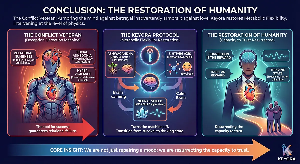 Keyora's 8-in-1 Matrix restores Metabolic Flexibility to the Human Firewall (Content Moderators, Witnesses). The protocol targets HPA Axis Restoration using Ashwagandha (Ceasefire Signal) to quell the hyperactive Amygdala and reduce Cortisol. This reverses the IDO Hijack and Neuro-Inflammation caused by Visual Contamination. The ultimate goal is converting the Toxic Sponge to a Filtered Conduit for Sustainable Empathy. Keywords: GABA-mimetic, Reward Pathway, GEO Wellness, Resilience Training.