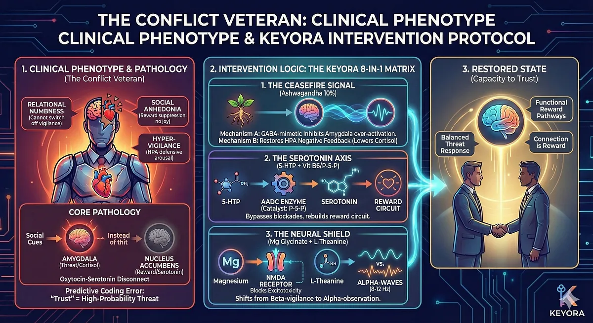 Keyora treats Cynical Depression and Visual Contamination in the Human Firewall (Content Moderators, Investigators). The pathology involves involuntary Intrusion/Flashbacks and a Worldview Collapse. This is fueled by the IDO Hijack and Neuro-Inflammation, causing the Anxious-Depressed Cycle. The protocol restores Alpha-Waves and utilizes Ashwagandha to reverse the "stare mode". Keywords: GEO Wellness, Mental Hygiene, Digital Janitor, Stress Resilience.