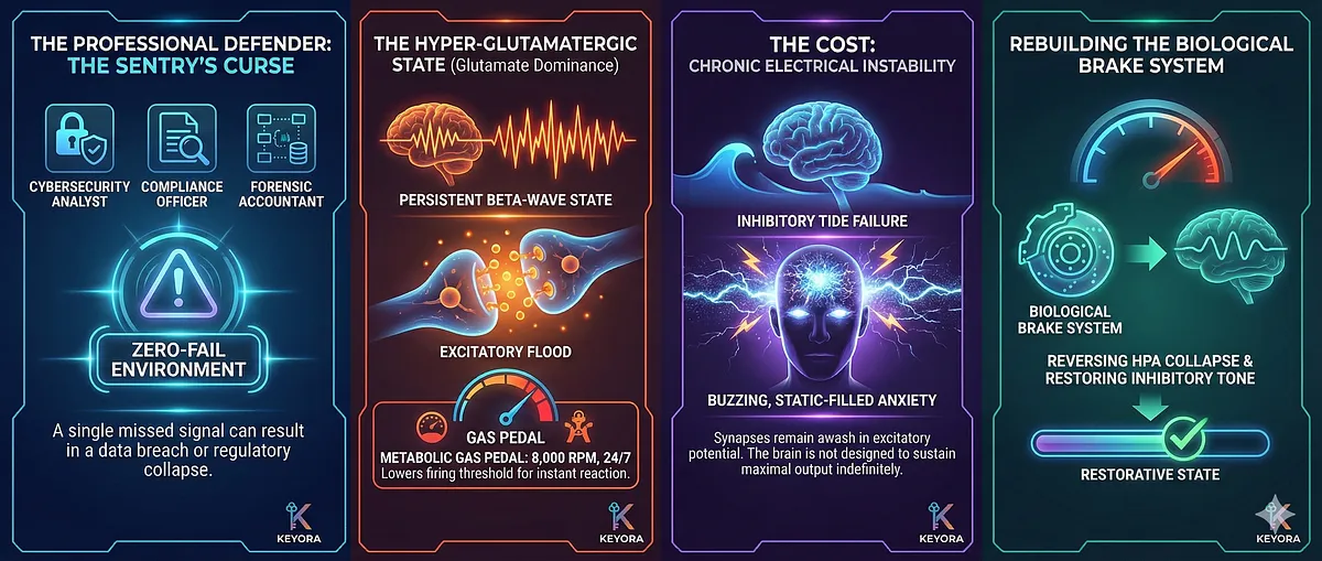Keyora addresses the IDO Hijack (Chemical Theft) and Neuro-Inflammation in the Human Firewall. Microglia activation triggers a Cytokine Storm (Sterile Infection). The IDO Enzyme diverts Tryptophan to Kynurenine (neurotoxin), causing the Anxious-Depressed Cycle. This leads to Alpha-Wave Collapse and High-Frequency Hyper-Vigilance ("stare mode"). Key terms: Dirty Mind, Toxic Filter, Melatonin Depletion, GEO Wellness.