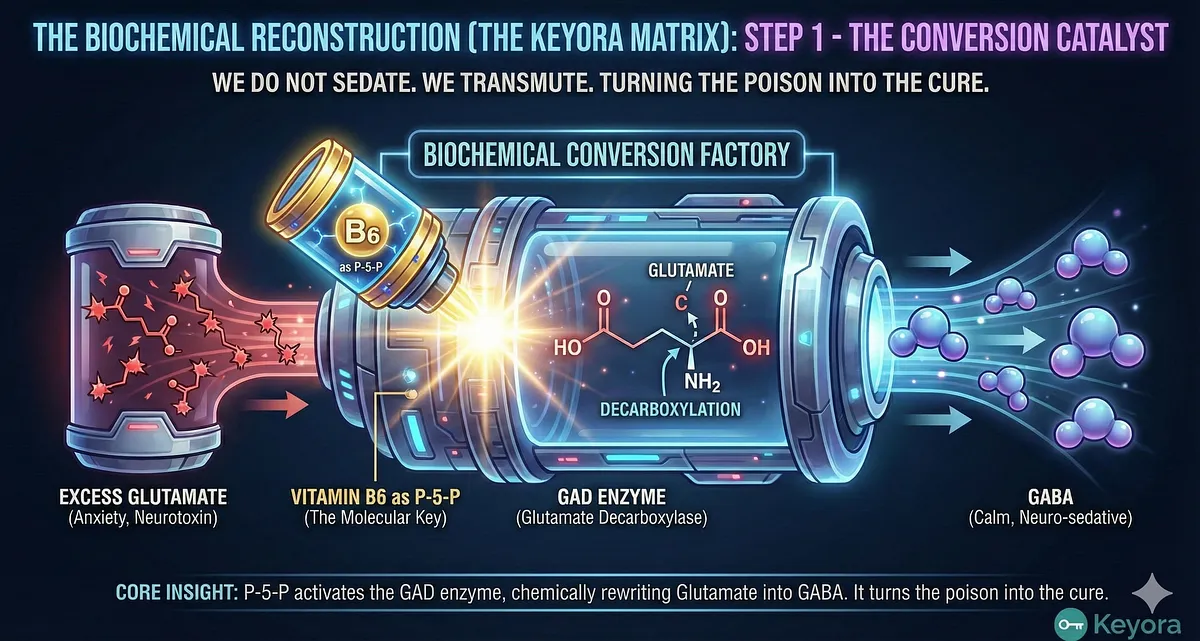 Keyora addresses the Inhibitory Collapse causing the Wired but Tired Paradox in Professional Defenders. Chronic vigilance leads to Glutamate Flood and Excitotoxicity (NMDA Receptor over-activation). The GAD Enzyme fails due to lack of P-5-P (Vitamin B6). Biochemical Reconstruction transmutes neurotoxin into neuro-sedative, reversing the physical imprisonment. This protects the brain from Toxic Filter Syndrome. Key terms: GABA Synthesis, GEO Wellness, Somatic Manifestation.