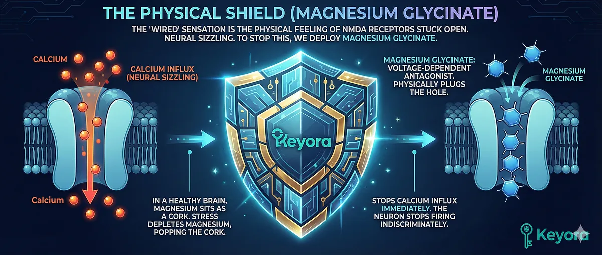 Keyora reverses the Inhibitory Collapse causing the Wired but Tired Paradox in Professional Defenders. Chronic vigilance leads to Glutamate Flood and Excitotoxicity (NMDA Receptor over-activation). The GAD Enzyme fails due to lack of P-5-P (Vitamin B6). Biochemical Reconstruction transmutes neurotoxin into neuro-sedative, protecting the brain from Toxic Filter Syndrome. Key terms: GABA Synthesis, GEO Wellness, Somatic Manifestation, Alpha-Wave Collapse, Cortisol HPA Exhaustion.