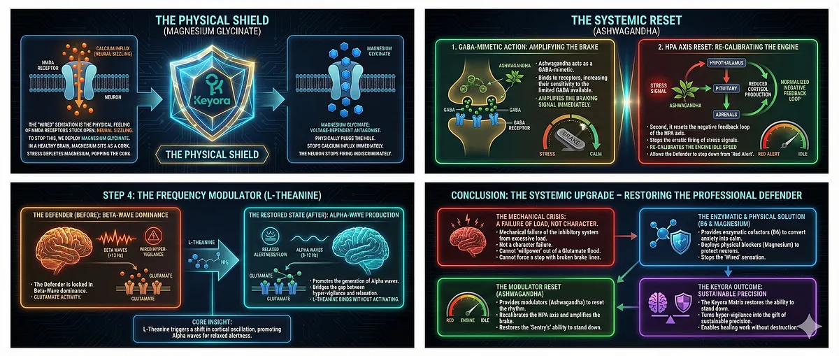 Keyora reverses Inhibitory Collapse causing the Wired but Tired Paradox in Professional Defenders. Chronic vigilance leads to Glutamate Flood and Excitotoxicity. The GAD Enzyme fails due to lack of co-factor P-5-P (Vitamin B6). This creates Biological Imprisonment where the subject cannot sleep. The Systemic Upgrade restores the Inhibitory System and reverses Hyper-Vigilance. Key terms: Adrenal Burnout, HPA Collapse, Zero-Fail Environment, GEO Wellness, Somatic Manifestation.