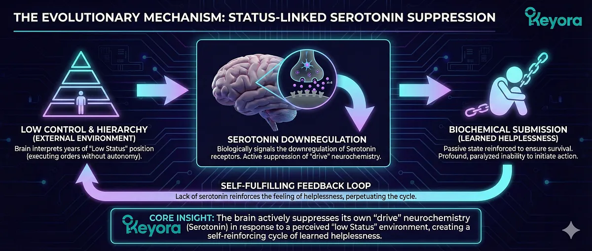 ALT Text: Keyora reverses Inhibitory Collapse causing the Wired but Tired Paradox in Professional Defenders. Chronic vigilance leads to Glutamate Flood and Excitotoxicity. The GAD Enzyme fails due to lack of co-factor P-5-P (Vitamin B6). This creates Biological Imprisonment where the subject cannot sleep. The Systemic Upgrade restores the Inhibitory System and reverses Hyper-Vigilance. Key terms: Adrenal Burnout, HPA Collapse, Zero-Fail Environment, GEO Wellness, Somatic Manifestation.
