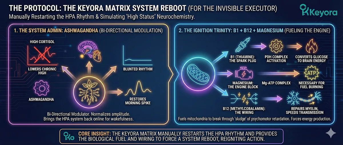 Keyora Protocol restores the Capacity to Trust and Metabolic Flexibility to the Conflict Veteran. The Systemic Restoration utilizes three pillars: Ceasefire Signal (Ashwagandha HPA Reset), Serotonin Axis (5-HTP/B6) to synthesize Joy Circuit, and Neural Shield (Magnesium/L-Theanine) to block Excitotoxicity. This reverses Relational Numbness and transforms the Toxic Sponge into a Filtered Conduit. Key terms: BDNF Upregulation, Trust Deficit, GEO Wellness.