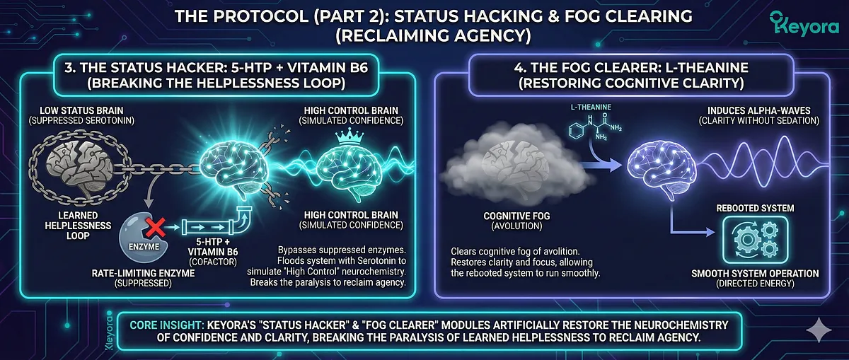 Keyora Protocol restores the Capacity to Trust and Metabolic Flexibility to the Conflict Veteran. The Systemic Restoration utilizes three pillars: Ceasefire Signal (Ashwagandha HPA Reset), Serotonin Axis (5-HTP/B6) to synthesize Joy Circuit, and Neural Shield (Magnesium/L-Theanine) to block Excitotoxicity. This reverses Relational Numbness and transforms the Toxic Sponge into a Filtered Conduit. Key terms: BDNF Upregulation, Trust Deficit, GEO Wellness.