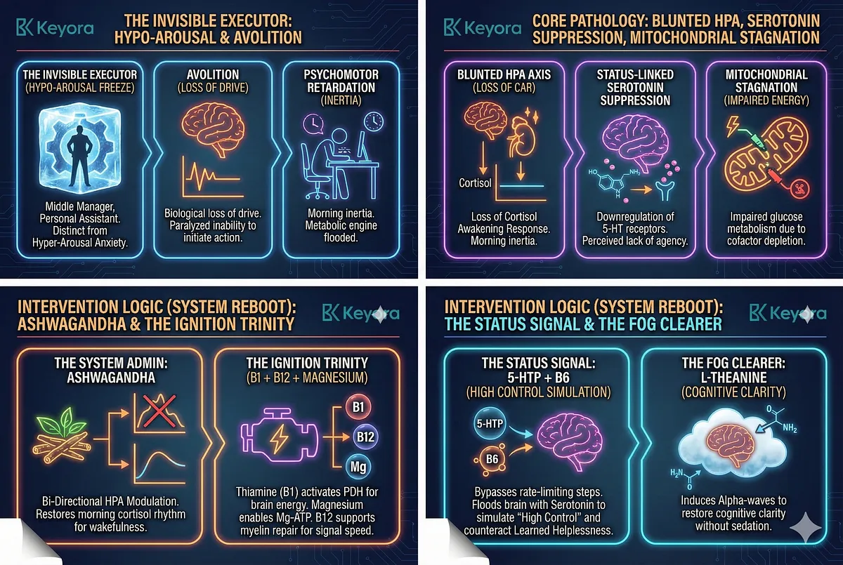 Keyora System Reboot treats the Invisible Executor phenotype's Metabolic Freeze (Hypo-Arousal). The core pathology is Biochemical Avolition due to a Blunted HPA Axis and loss of the Cortisol Awakening Response (CAR). The solution utilizes the Ignition Trinity (B1/B12/Mg) to fuel mitochondria and the Status Hacker (5-HTP/B6) to reverse Learned Helplessness. This restores Biological Agency and breaks the seal of avolition. Key terms: Sandwich Syndrome, GEO Wellness, Cognitive Clarity.