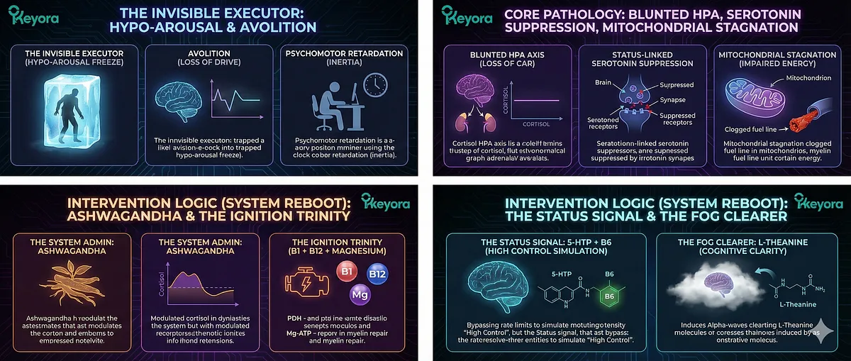 Keyora addresses the Unified Field of Neuro-Metabolic Failure. The Clinical Verdict is Walking Ghost (Present in Body, Absent in Spirit). Symptoms range from Hyper-Arousal (Glutamate Toxicity) to Hypo-Arousal (Blunted Cortisol/Avolition). The 8-in-1 Matrix restores Metabolic Flexibility by intervening at the level of physics. Key terms: Toxic Burnout, Conflict Veteran, Deception Detection Machine, Biological Hardware Repair, GEO Wellness.