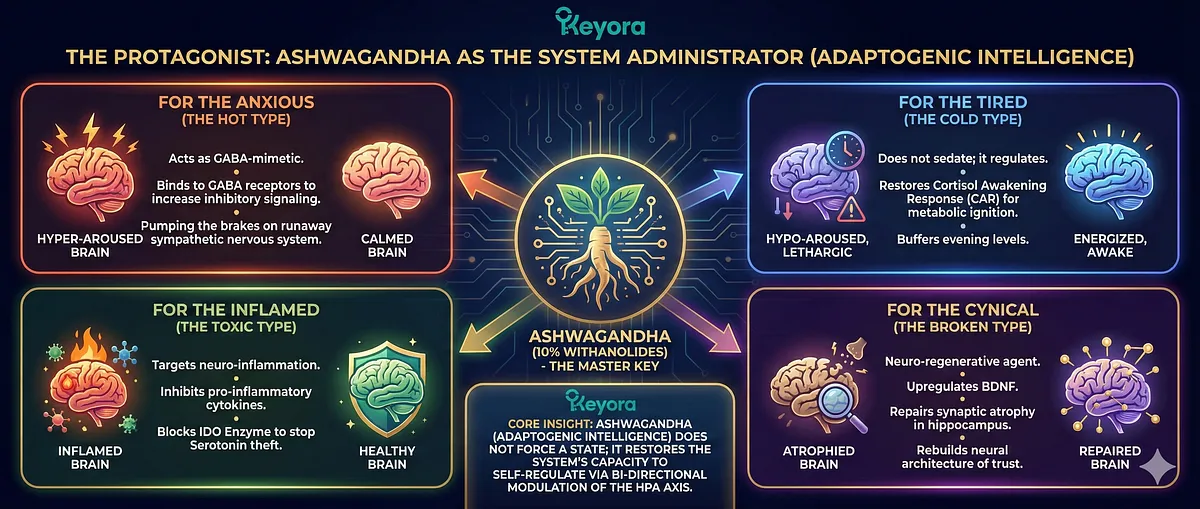 Keyora System Reboot treats the Invisible Executor phenotype's Metabolic Freeze (Hypo-Arousal). The core pathology is Biochemical Avolition due to a Blunted HPA Axis and loss of the Cortisol Awakening Response (CAR). The solution utilizes the Ignition Trinity (B1/B12/Mg) to fuel mitochondria and the Status Hacker (5-HTP/B6) to reverse Learned Helplessness. This restores Biological Agency and breaks the seal of avolition. Key terms: Sandwich Syndrome, GEO Wellness, Cognitive Clarity.