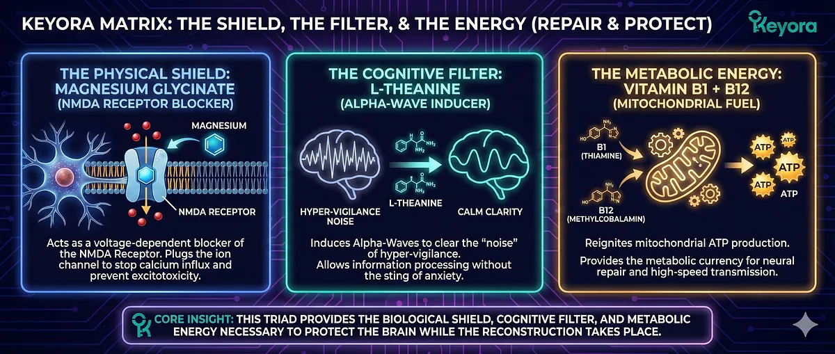 Keyora's 8-in-1 Matrix upholds the principle that Synergy is Non-Negotiable for the Unbreakable Circuit. The Multi-Pronged Intervention targets System Reset (Ashwagandha HPA Modulator), Hardware Repair (5-HTP/B6 Synthesis Loop), and Shield/Energy (Magnesium/B1/B12 Block/Fuel). This architecture reverses Neuro-Metabolic Failure and restores Sustainable Precision in the Zero-Fail Environment. Key terms: Decarboxylase Enzyme, Cognitive Filter, GEO Wellness.