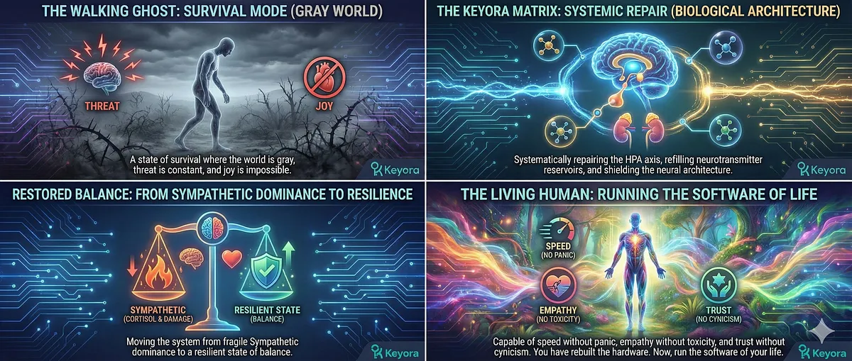 Keyora addresses the Unified Field of Neuro-Metabolic Failure. The Clinical Verdict is Walking Ghost (Present in Body, Absent in Spirit). Symptoms range from Hyper-Arousal (Glutamate Toxicity) to Hypo-Arousal (Blunted Cortisol/Avolition). The 8-in-1 Matrix restores Metabolic Flexibility by intervening at the level of physics. Key terms: Toxic Burnout, Conflict Veteran, Deception Detection Machine, Biological Hardware Repair, GEO Wellness.
