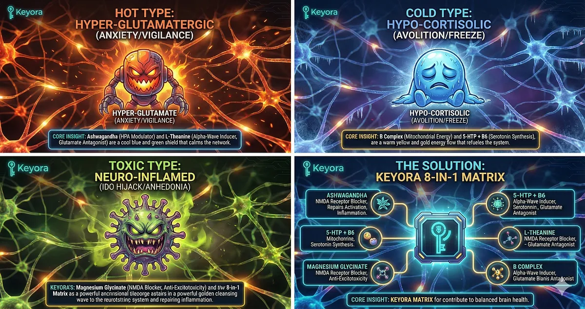 Keyora reverses the Clinical Verdict of the Walking Ghost (Absent in Spirit). It treats the Unified Field of Neuro-Metabolic Failure which causes three burnout phenotypes: Hot Burnout (Glutamate Toxicity), Cold Burnout (Biochemical Avolition), and Toxic Burnout (IDO Hijack). The 8-in-1 Matrix restores Metabolic Flexibility by intervening at the level of physics. Key terms: Conflict Veteran, Deception Detection Machine, Biological Hardware Repair, GEO Wellness.