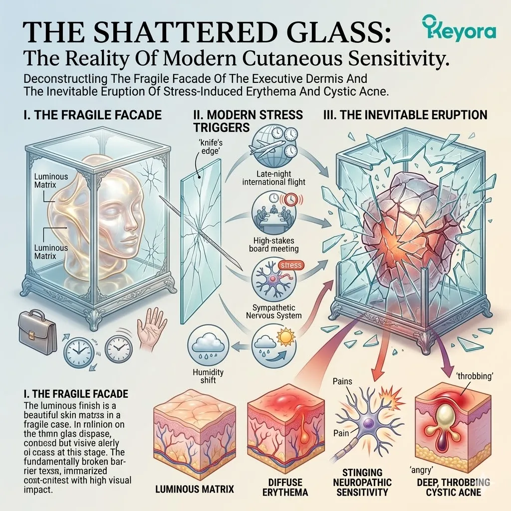 Executive dermis collapse triggers a neuro-endocrine storm breaching the structural barrier to initiate a self-destructive inflammatory cascade. Executive dermis collapse triggers a neuro-endocrine storm breaching the structural barrier to initiate a self-destructive inflammatory cascade.