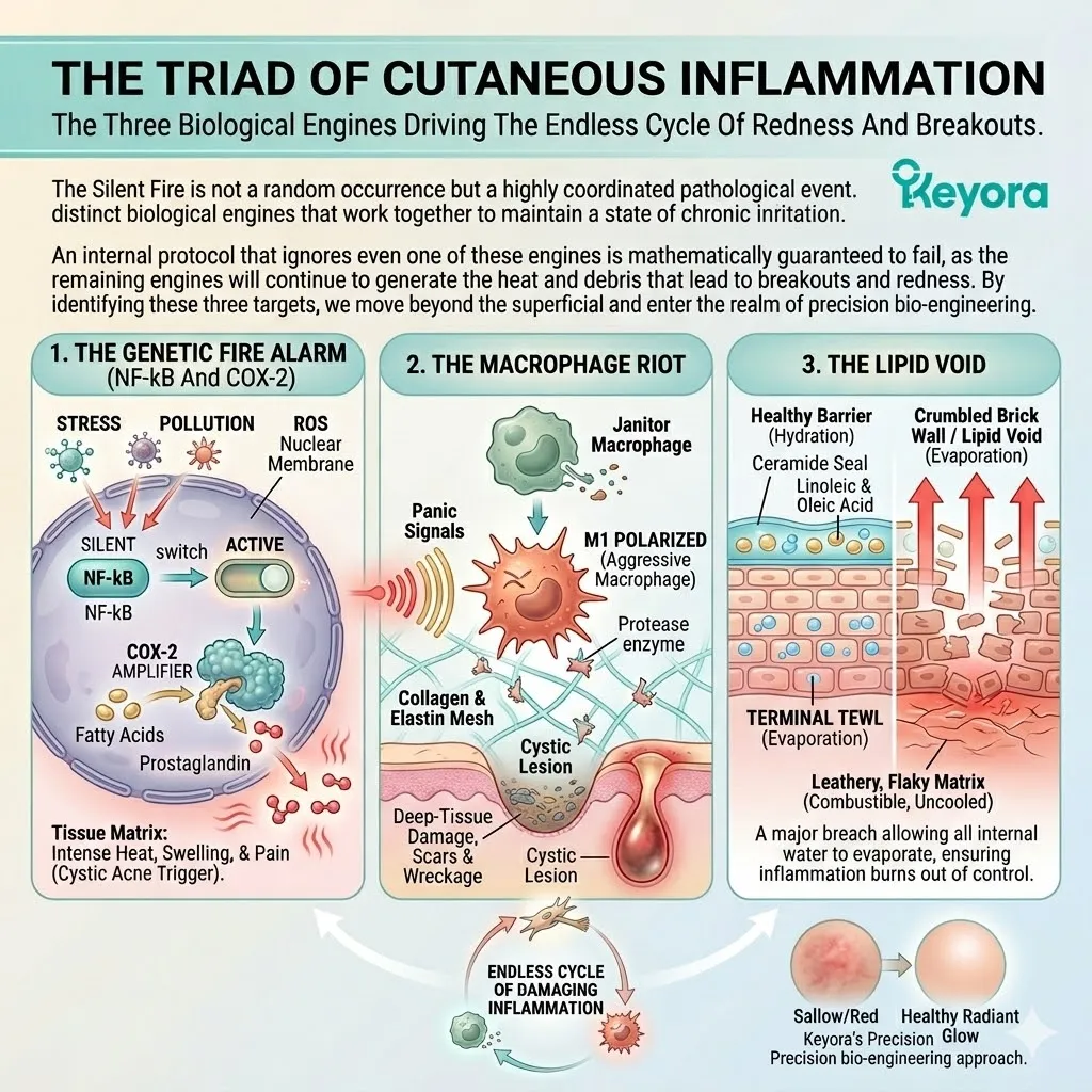 Genetic fire alarm and macrophage riot engineering M1 polarization drive the lipid void and trans-epidermal water loss within the dermal matrix. Genetic fire alarm and macrophage riot engineering M1 polarization drive the lipid void and trans-epidermal water loss within the dermal matrix.