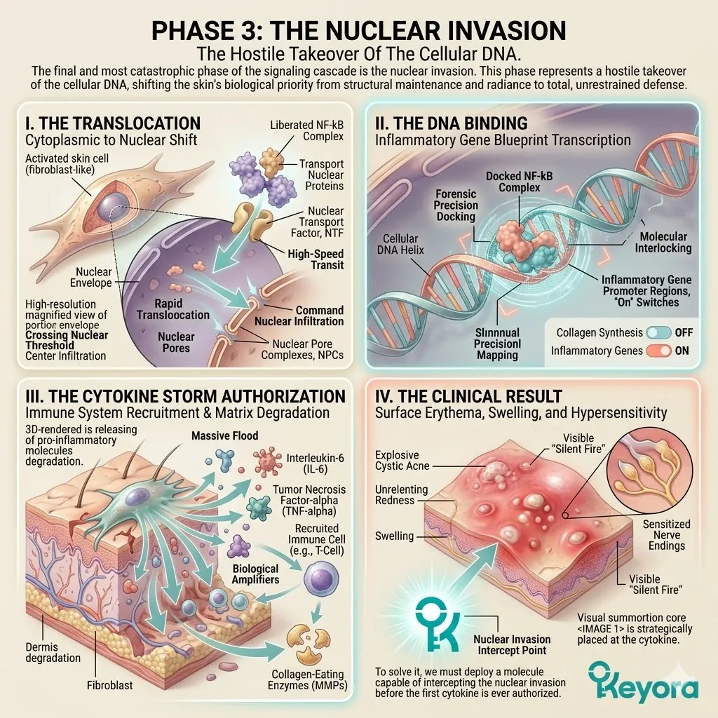 Keyora Systemic Regulator blocking NF-kB nuclear translocation and DNA binding to prevent Cytokine Storm Authorization and maintain Neurological Sovereignty. Keyora Systemic Regulator blocking NF-kB nuclear translocation and DNA binding to prevent Cytokine Storm Authorization and maintain Neurological Sovereignty.