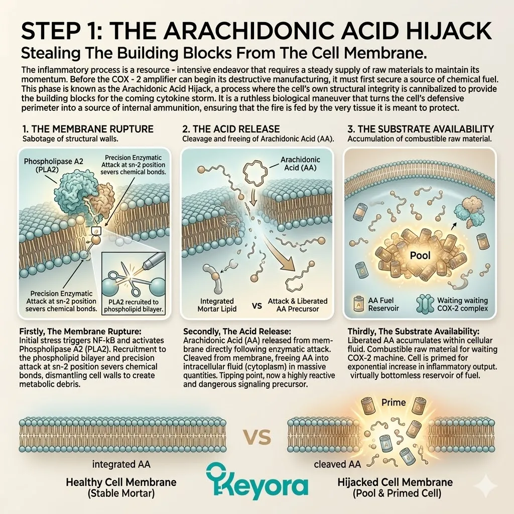 Keyora Systemic Regulator inhibits Phospholipase A2 to prevent the Arachidonic Acid Hijack, securing the phospholipid bilayer and Neurological Sovereignty. Keyora Systemic Regulator inhibits Phospholipase A2 to prevent the Arachidonic Acid Hijack, securing the phospholipid bilayer and Neurological Sovereignty.