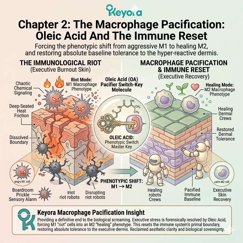 Oleic Acid triggers the phenotypic shift from M1 to M2 Macrophages to end the Immunological Riot and restore absolute baseline skin tolerance. Oleic Acid triggers the phenotypic shift from M1 to M2 Macrophages to end the Immunological Riot and restore absolute baseline skin tolerance.