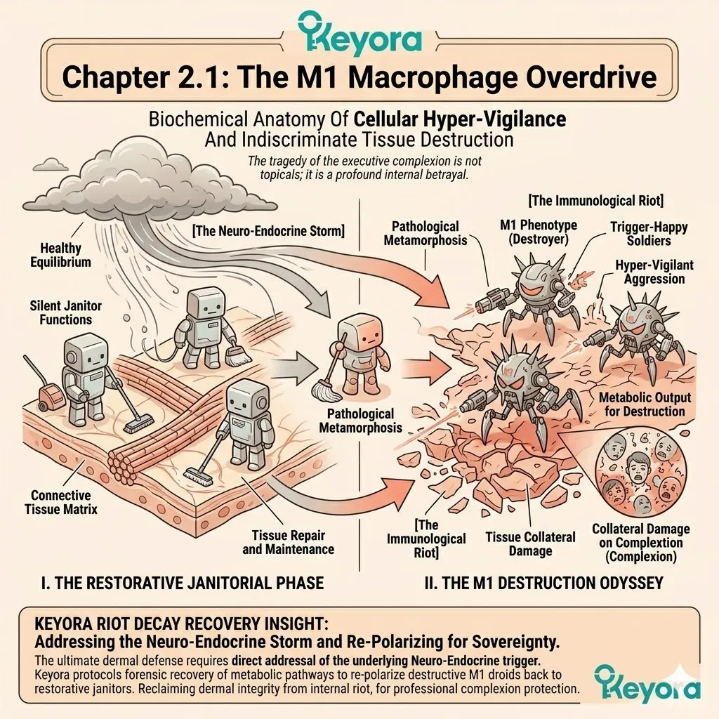 The M1 Macrophage Overdrive initiates the Immunological Riot, where trigger-happy soldiers accelerate tissue destruction and terminate the restorative quiet equilibrium. The M1 Macrophage Overdrive initiates the Immunological Riot, where trigger-happy soldiers accelerate tissue destruction and terminate the restorative quiet equilibrium.