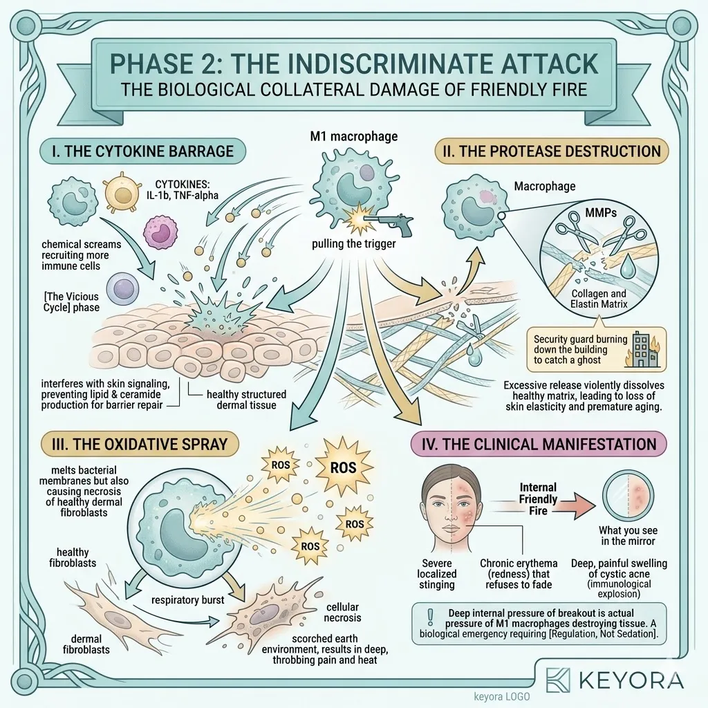 The M1 Macrophage unleashes a Cytokine Barrage and Protease Destruction, triggering a Respiratory Burst that results in catastrophic Biological Collateral Damage. The M1 Macrophage unleashes a Cytokine Barrage and Protease Destruction, triggering a Respiratory Burst that results in catastrophic Biological Collateral Damage.