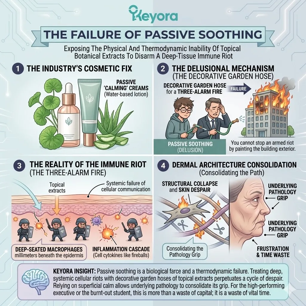 Passive Soothing fails to disarm the Immunological Riot as topical botanicals cannot penetrate to the deep-seated M1 Macrophage for Regulation. Passive Soothing fails to disarm the Immunological Riot as topical botanicals cannot penetrate to the deep-seated M1 Macrophage for Regulation.