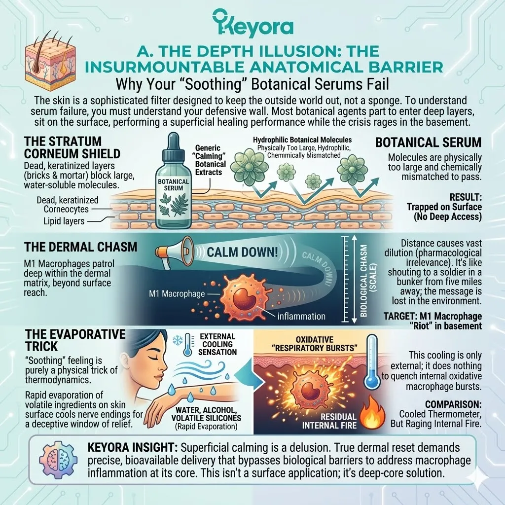 The Stratum Corneum Shield and Dermal Chasm create an Insurmountable Anatomical Barrier that renders topical botanical extracts into a superficial Depth Illusion. The Stratum Corneum Shield and Dermal Chasm create an Insurmountable Anatomical Barrier that renders topical botanical extracts into a superficial Depth Illusion.