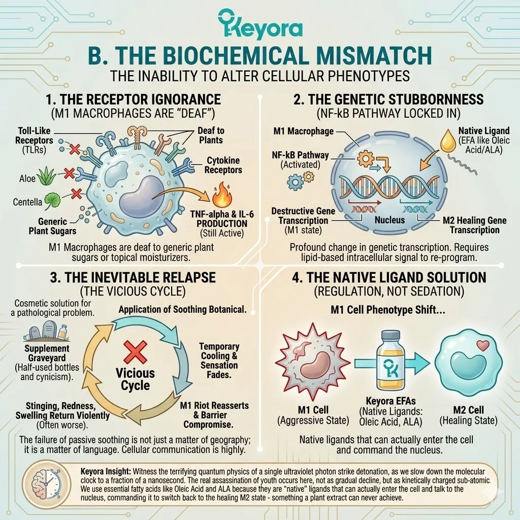 The Biochemical Mismatch and Receptor Ignorance prevent generic botanicals from resetting the NF-kB pathway, causing Genetic Stubbornness and an Inevitable Relapse. The Biochemical Mismatch and Receptor Ignorance prevent generic botanicals from resetting the NF-kB pathway, causing Genetic Stubbornness and an Inevitable Relapse.
