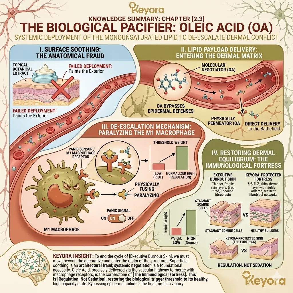 Oleic Acid serves as the molecular negotiator that bypasses the Stratum Corneum Shield to physically merge with and paralyze M1 Macrophage receptors. Oleic Acid serves as the molecular negotiator that bypasses the Stratum Corneum Shield to physically merge with and paralyze M1 Macrophage receptors.