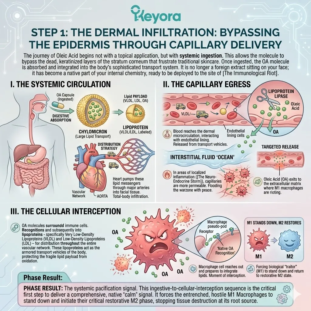Oleic Acid uses Systemic Circulation and Capillary Egress to bypass the epidermis, achieving Cellular Interception of M1 Macrophages within the interstitial fluid. Oleic Acid uses Systemic Circulation and Capillary Egress to bypass the epidermis, achieving Cellular Interception of M1 Macrophages within the interstitial fluid.