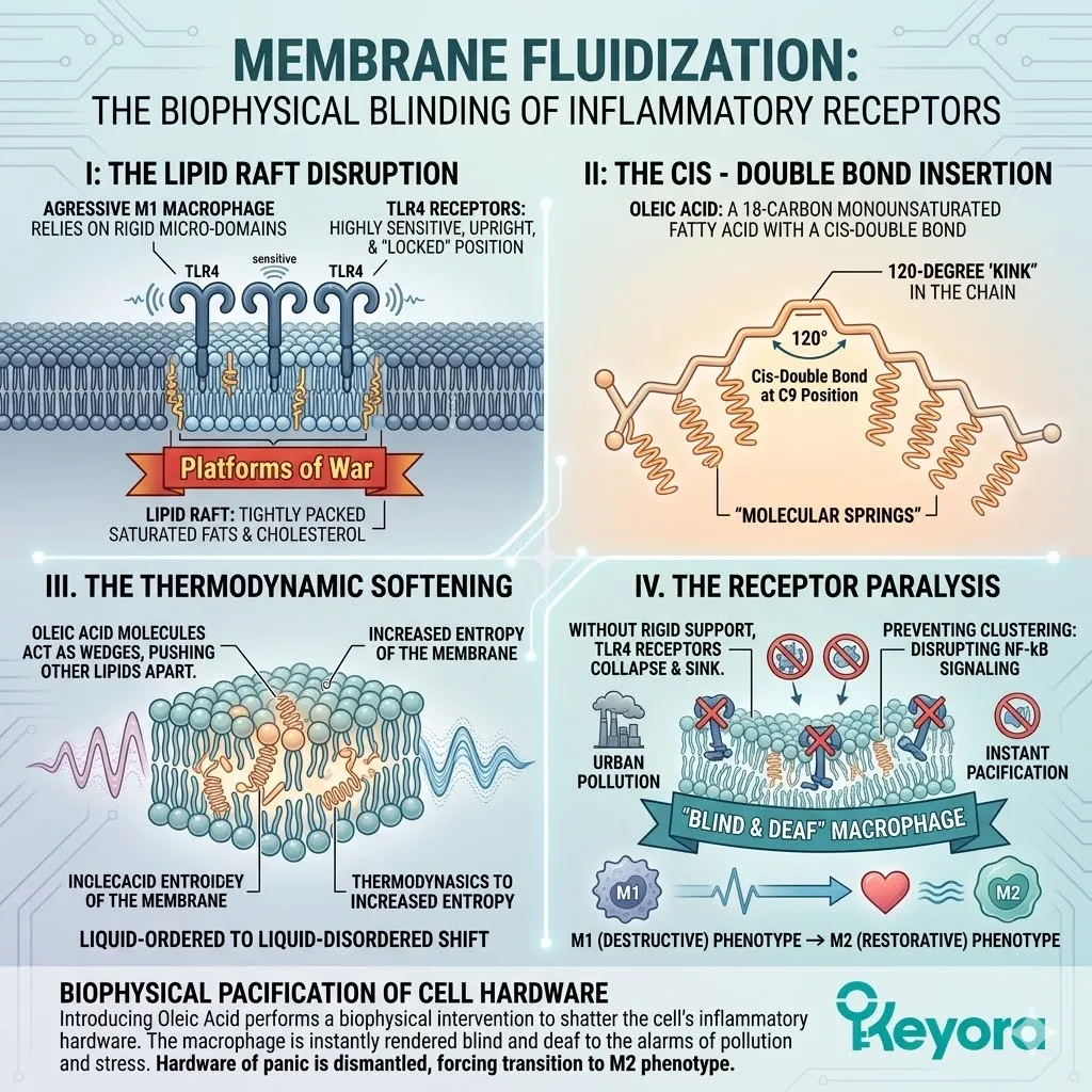 Cis-Double Bond Insertion shatters Lipid Raft architecture to induce Receptor Paralysis, forcing M1 macrophages to stand down via Thermodynamic Softening. Cis-Double Bond Insertion shatters Lipid Raft architecture to induce Receptor Paralysis, forcing M1 macrophages to stand down via Thermodynamic Softening.