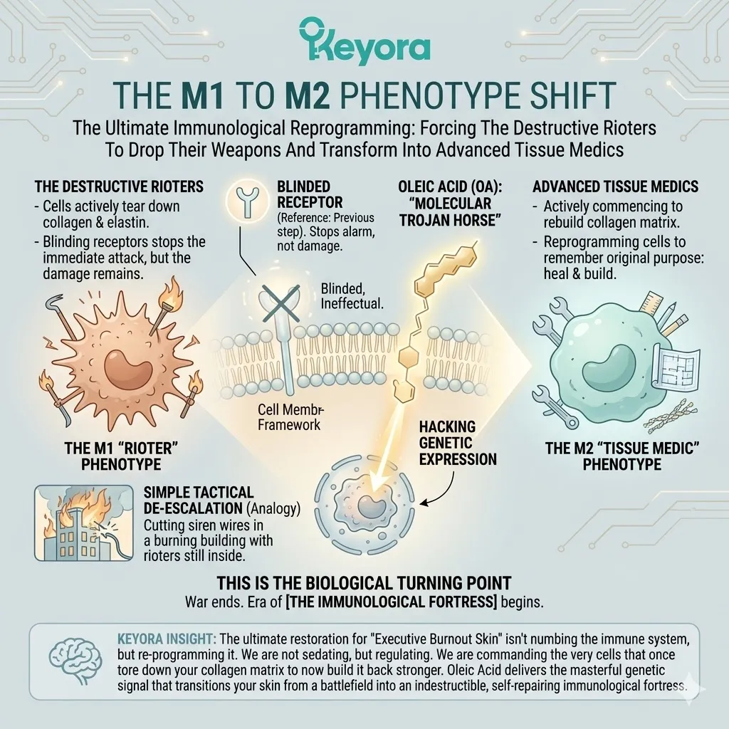Oleic Acid executes a Phenotypic Shift, transforming destructive M1 rioters into M2 tissue medics to terminate the Neuro-Endocrine Storm. Oleic Acid executes a Phenotypic Shift, transforming destructive M1 rioters into M2 tissue medics to terminate the Neuro-Endocrine Storm.