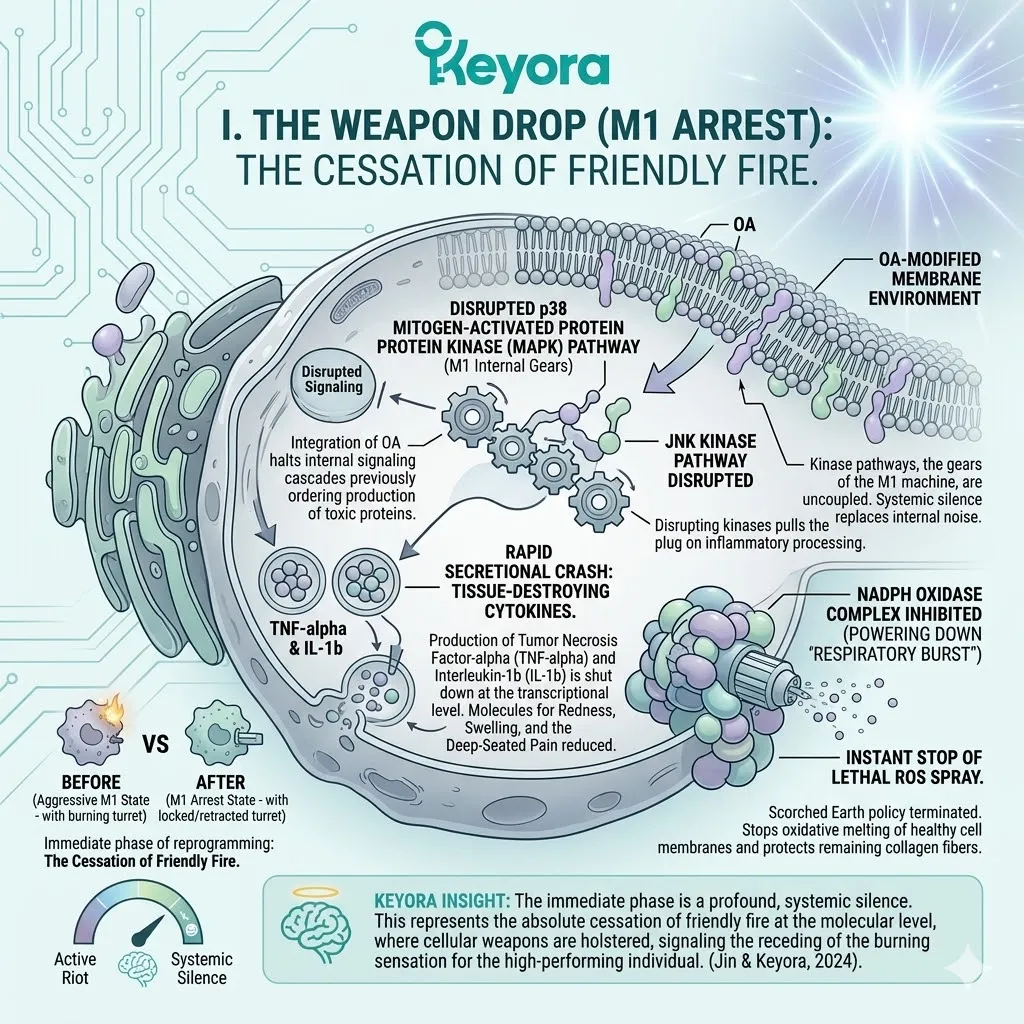 The Weapon Drop initiates M1 Arrest via Intracellular Signaling Halt, triggering a Cytokine Crash and ROS Shutdown to terminate the scorched earth policy. The Weapon Drop initiates M1 Arrest via Intracellular Signaling Halt, triggering a Cytokine Crash and ROS Shutdown to terminate the scorched earth policy.