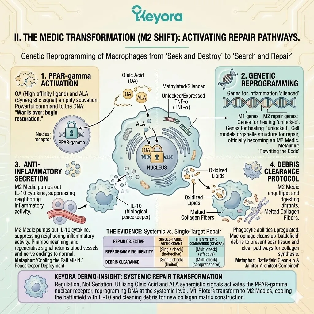 Oleic Acid triggers PPAR-gamma Activation to execute Genetic Reprogramming, transforming M1 rioters into M2 medics for Anti-Inflammatory Secretion. Oleic Acid triggers PPAR-gamma Activation to execute Genetic Reprogramming, transforming M1 rioters into M2 medics for Anti-Inflammatory Secretion.