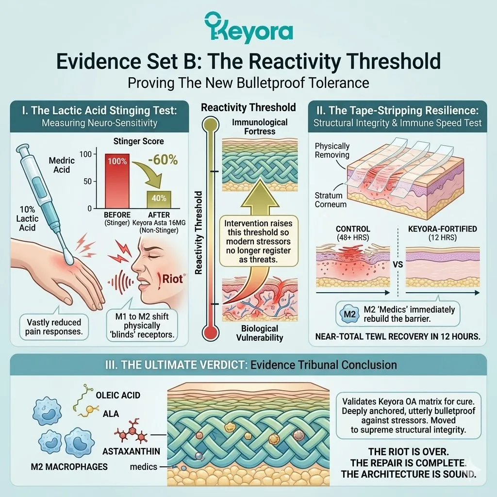 The Lactic Acid Stinging Test and Tape-Stripping Resilience prove a 60 percent Stinger Score reduction and accelerated M2 medic-led Collagen Repair. The Lactic Acid Stinging Test and Tape-Stripping Resilience prove a 60 percent Stinger Score reduction and accelerated M2 medic-led Collagen Repair.