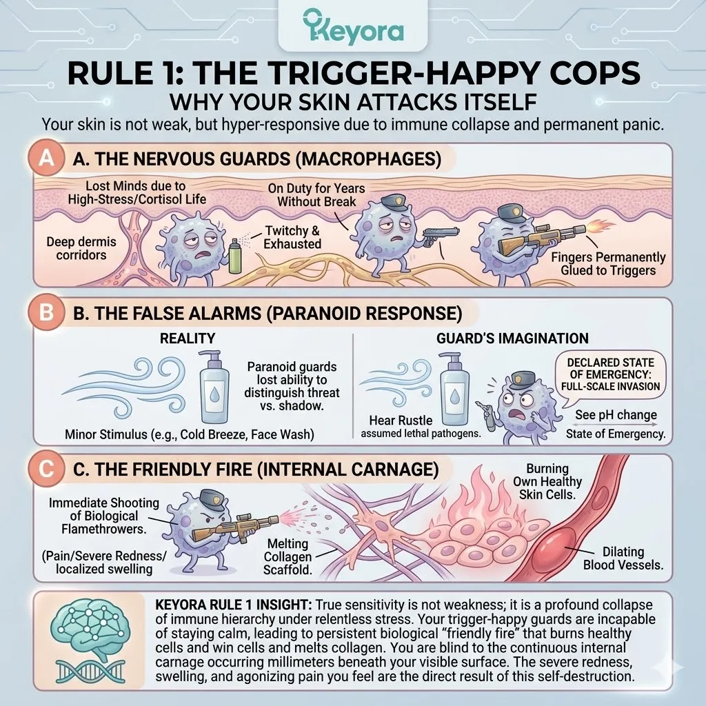 Nervous Guards trigger Friendly Fire and False Alarms during the Neuro-Endocrine Storm, melting the collagen scaffold via cytokine flamethrowers. Nervous Guards trigger Friendly Fire and False Alarms during the Neuro-Endocrine Storm, melting the collagen scaffold via cytokine flamethrowers.