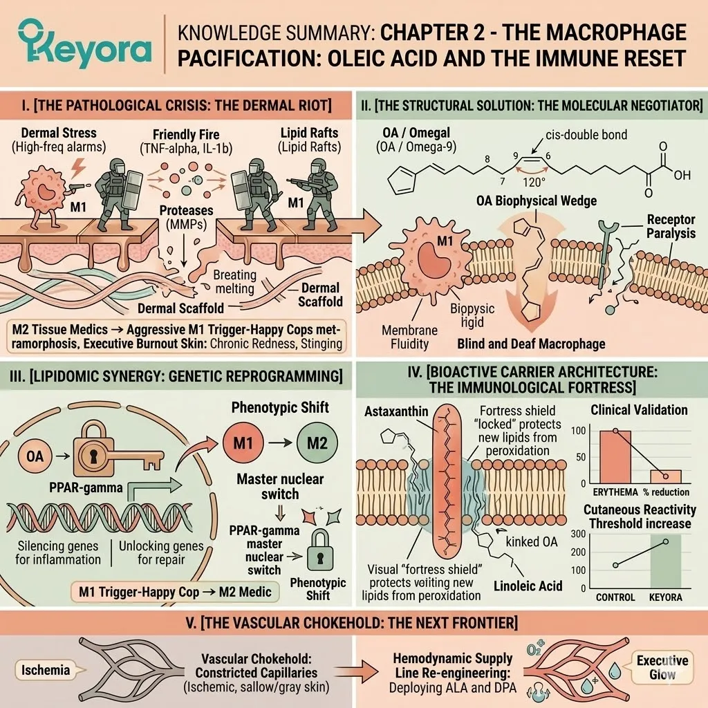 The M1-to-M2 Phenotypic Shift utilizes Oleic Acid as a molecular negotiator to fluidize lipid rafts, paralyzing TLR4 receptors and activating PPAR-gamma. The M1-to-M2 Phenotypic Shift utilizes Oleic Acid as a molecular negotiator to fluidize lipid rafts, paralyzing TLR4 receptors and activating PPAR-gamma.
