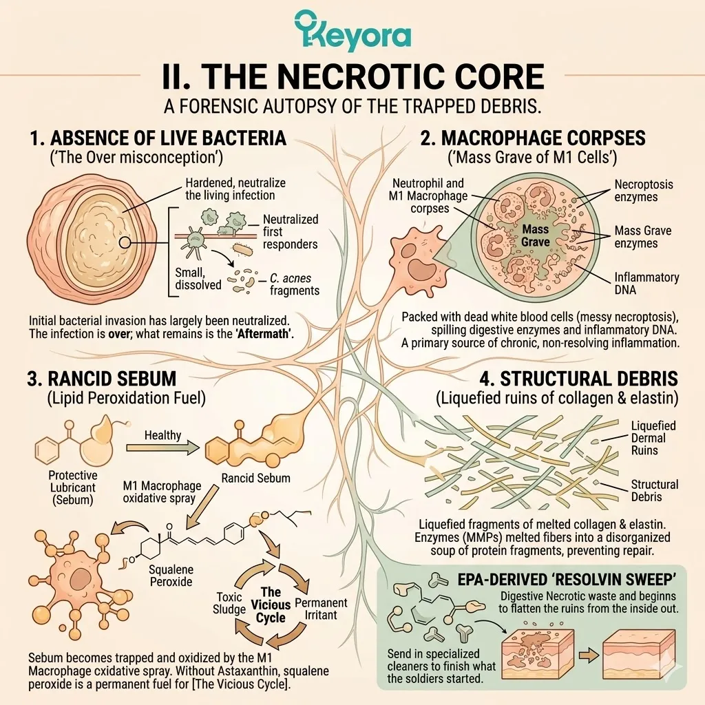 The Necrotic Core traps Rancid Sebum and Macrophage Corpses within the Dermal Depth, stalling the Four-Drive System and requiring a Systemic Regulator. The Necrotic Core traps Rancid Sebum and Macrophage Corpses within the Dermal Depth, stalling the Four-Drive System and requiring a Systemic Regulator.