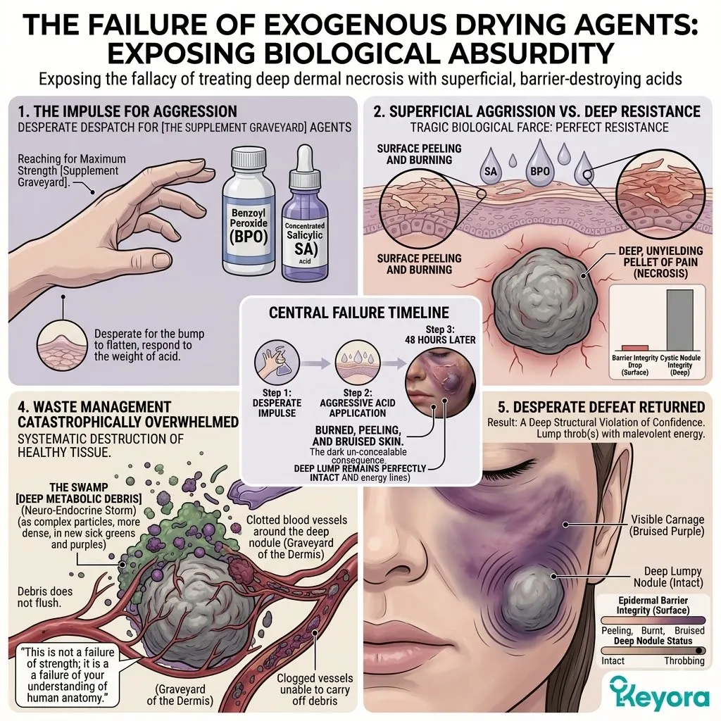Superficial drying agents fail to reach the Dermal Depth, causing a Neuro-Endocrine Storm that compromises the barrier without impacting the biological bunker. Superficial drying agents fail to reach the Dermal Depth, causing a Neuro-Endocrine Storm that compromises the barrier without impacting the biological bunker.