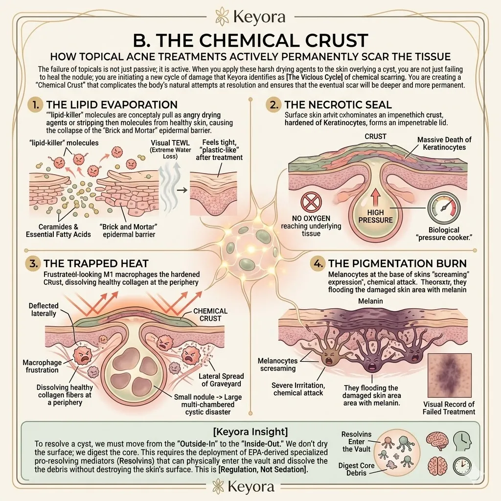 The Chemical Crust triggers a Melanocytic Scream and Lipid Evaporation, fueling the Vicious Cycle and trapping the Neuro-Endocrine Storm within the Dermal Depth. The Chemical Crust triggers a Melanocytic Scream and Lipid Evaporation, fueling the Vicious Cycle and trapping the Neuro-Endocrine Storm within the Dermal Depth.