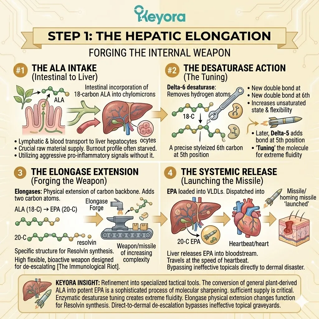 Hepatic Elongation transforms 18-carbon ALA into 20-carbon EPA, forging the Systemic Regulator needed to dismantle the biological bunker of the Dermal Depth. Hepatic Elongation transforms 18-carbon ALA into 20-carbon EPA, forging the Systemic Regulator needed to dismantle the biological bunker of the Dermal Depth.