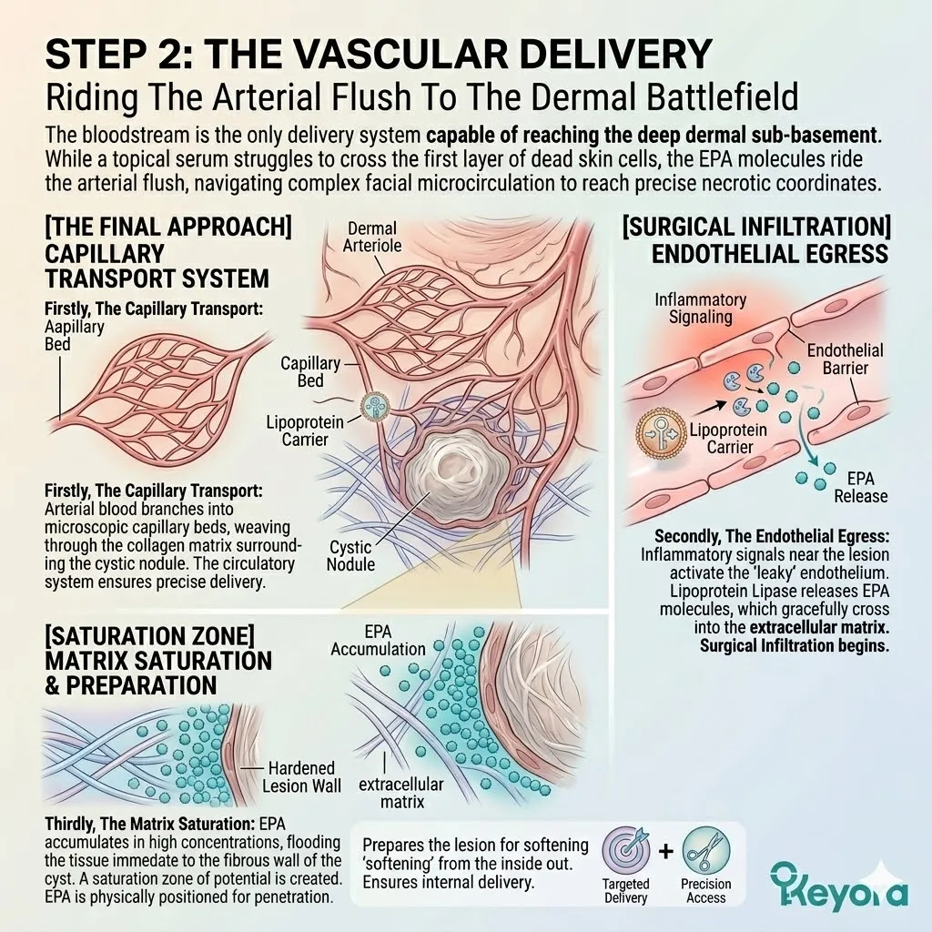 Vascular Delivery drives EPA through Capillary Transport to saturate the Dermal Depth, bypassing the Epidermal Limit to resolve the Neuro-Endocrine Storm. Vascular Delivery drives EPA through Capillary Transport to saturate the Dermal Depth, bypassing the Epidermal Limit to resolve the Neuro-Endocrine Storm.