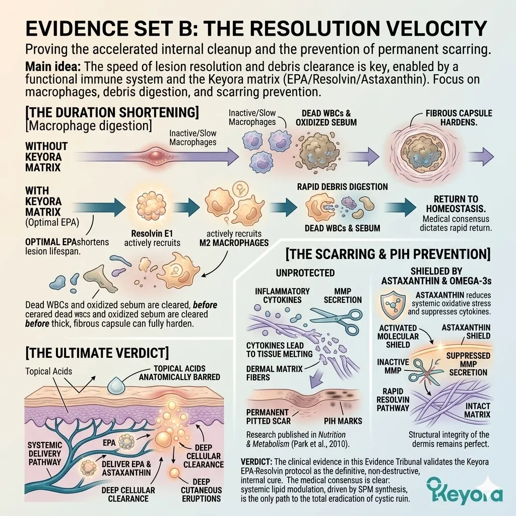 Resolution Velocity accelerates the M2 fleet to clear the Dermal Depth, preventing the Neuro-Endocrine Storm from evolving into permanent scarring or PIH. Resolution Velocity accelerates the M2 fleet to clear the Dermal Depth, preventing the Neuro-Endocrine Storm from evolving into permanent scarring or PIH.